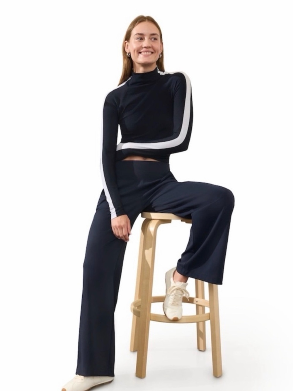 Athleta Venice wide leg pants, navy with black stripe, size large - Picture 2 of 11